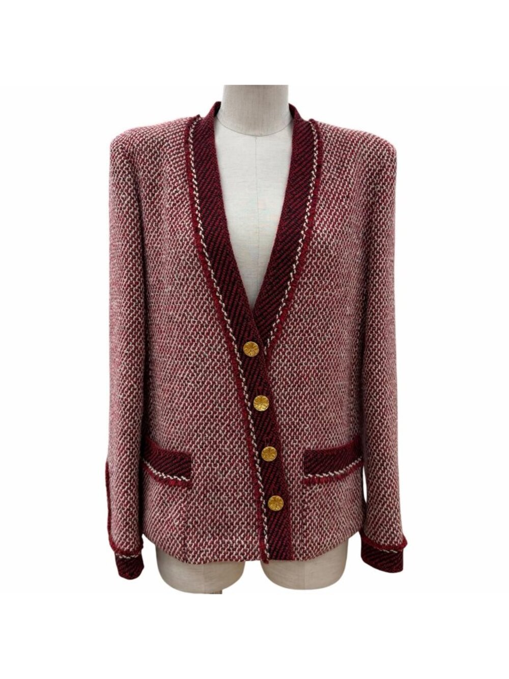 Chanel Boutique Vintage Wool Clover Button Tweed Jacket Red 38